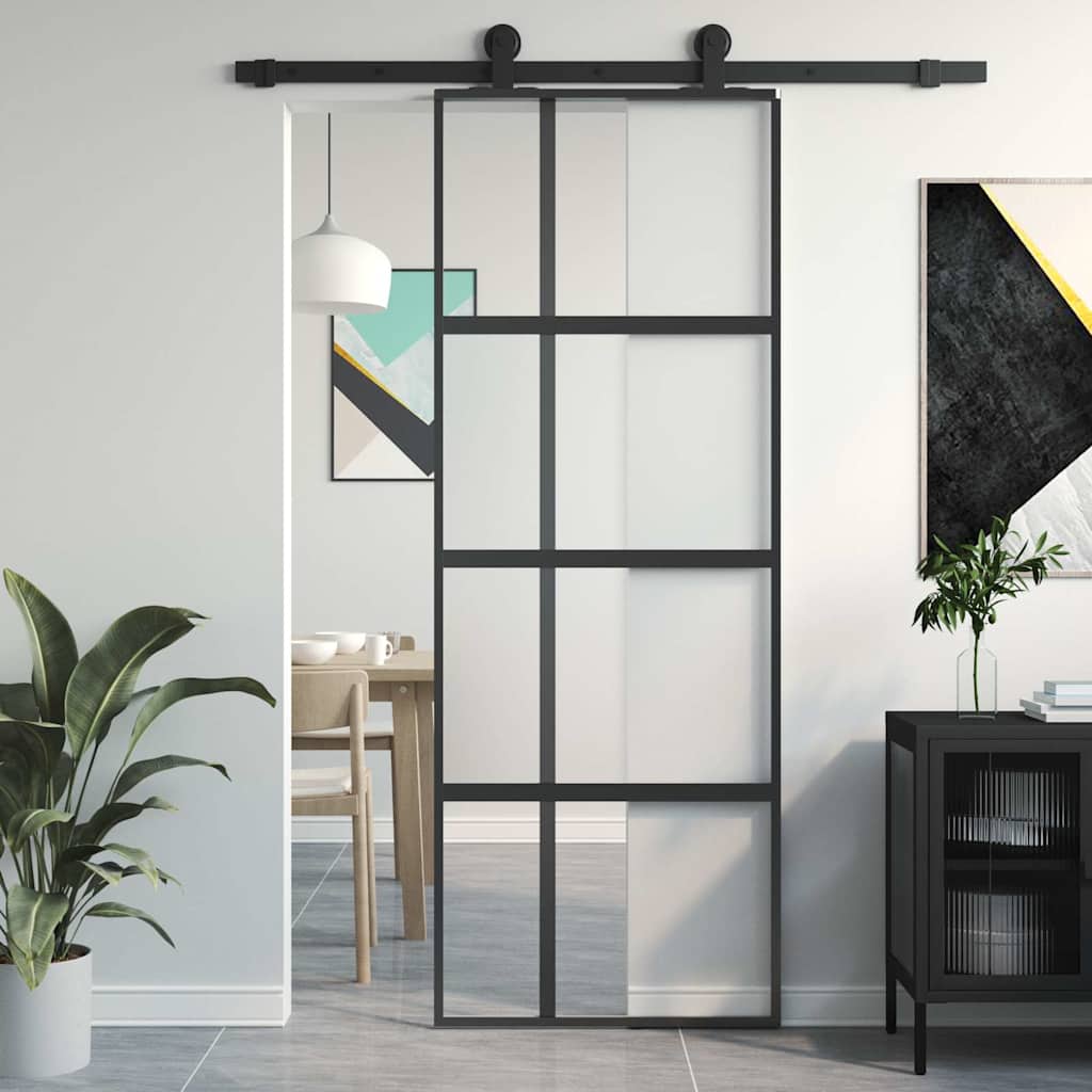 Porta Scorrevole Nera 76x205 cm in Vetro Temperato e Alluminio | homemem39