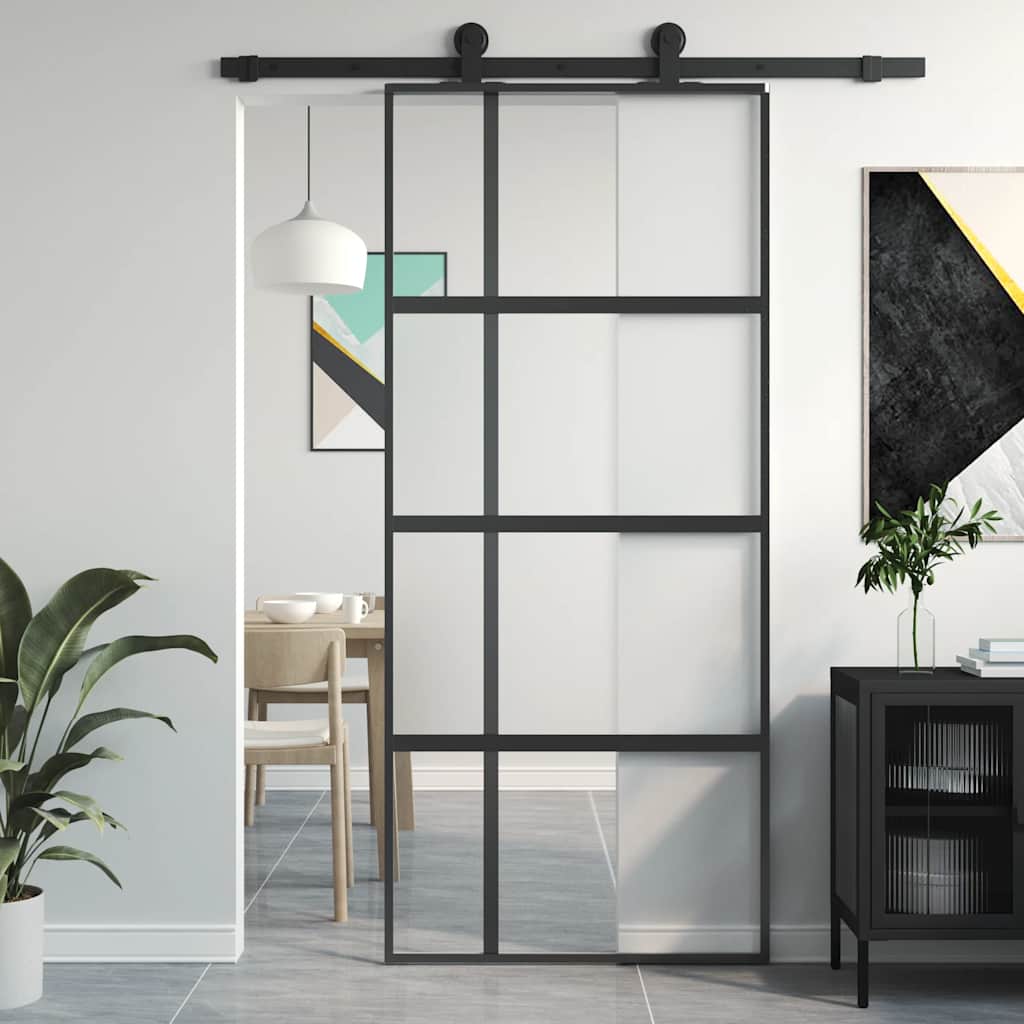 Porta Scorrevole Nera 90x205 cm in Vetro Temperato e Alluminio | homemem39