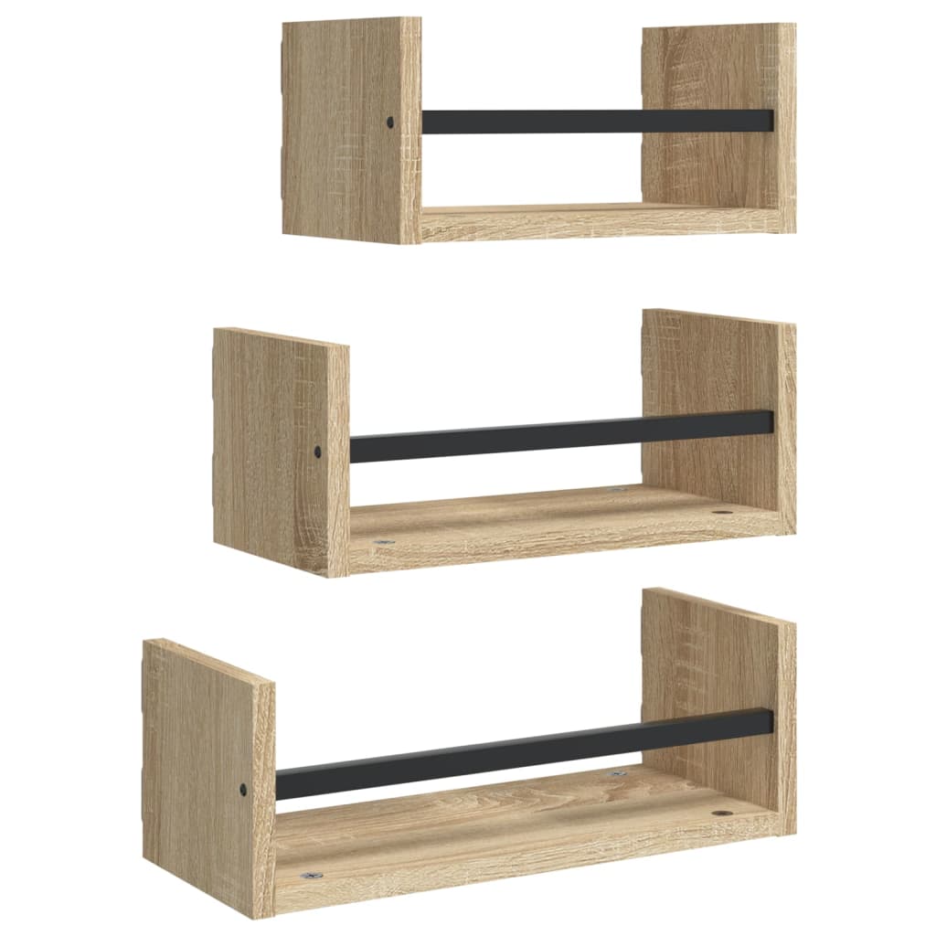 Set di 3 mensole da parete con barre in rovere Sonoma, legno ingegnerizzato | homemem39