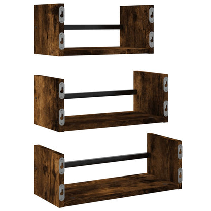 Set Mensole Parete con Aste 3pz Rovere Fumo Legno Multistrato | homemem39