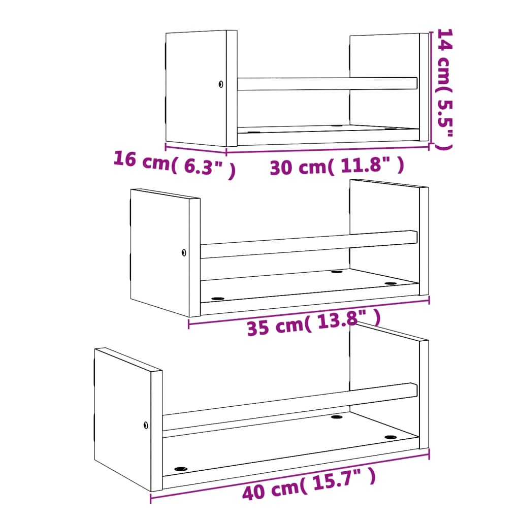 Set Mensole Parete con Aste 3pz Rovere Fumo Legno Multistrato | homemem39