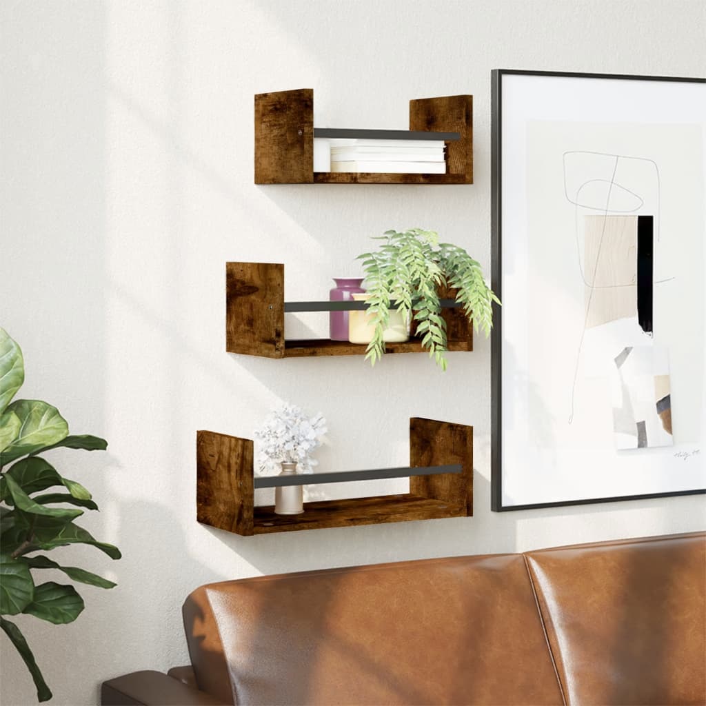 Set Mensole Parete con Aste 3pz Rovere Fumo Legno Multistrato | homemem39
