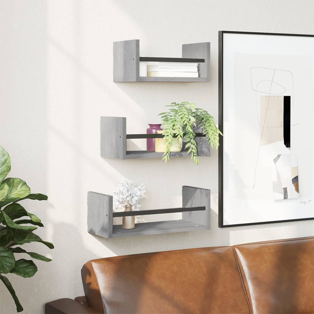 Set Mensole Parete con Aste 3pz Grigio Sonoma Legno Multistrato | homemem39