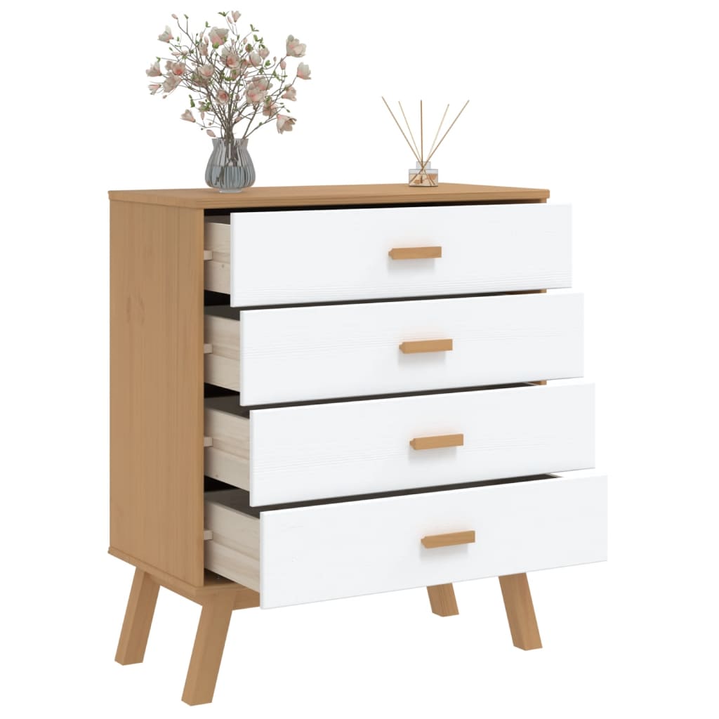 OLDEN White and Brown Chest of Drawers in Solid Pine Wood