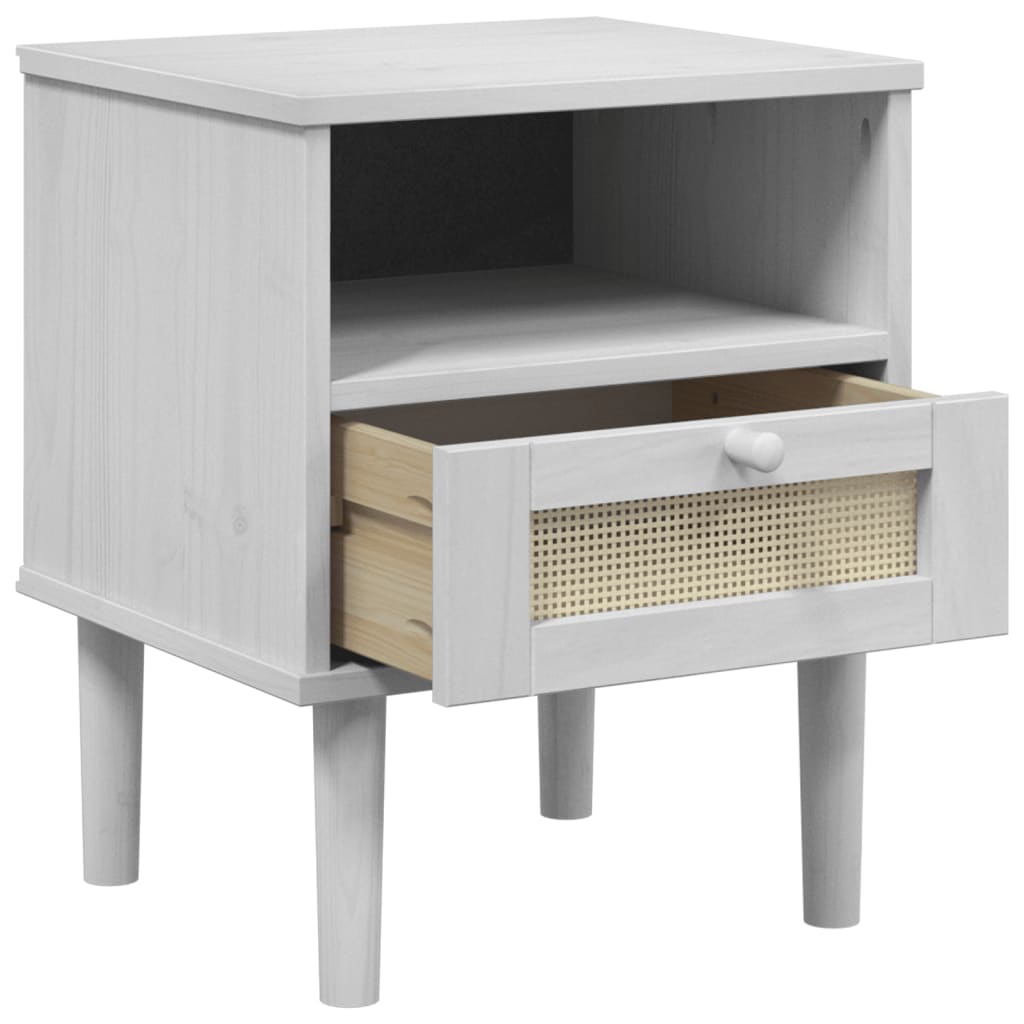 Comodino SENJA Bianco Aspetto Rattan 40x35x48 cm in Legno Pino - homemem39