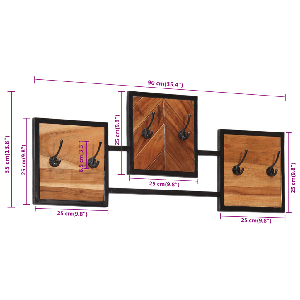 Appendiabiti a Parete 90x1x35 cm Legno Massello Acacia e Ferro - homemem39