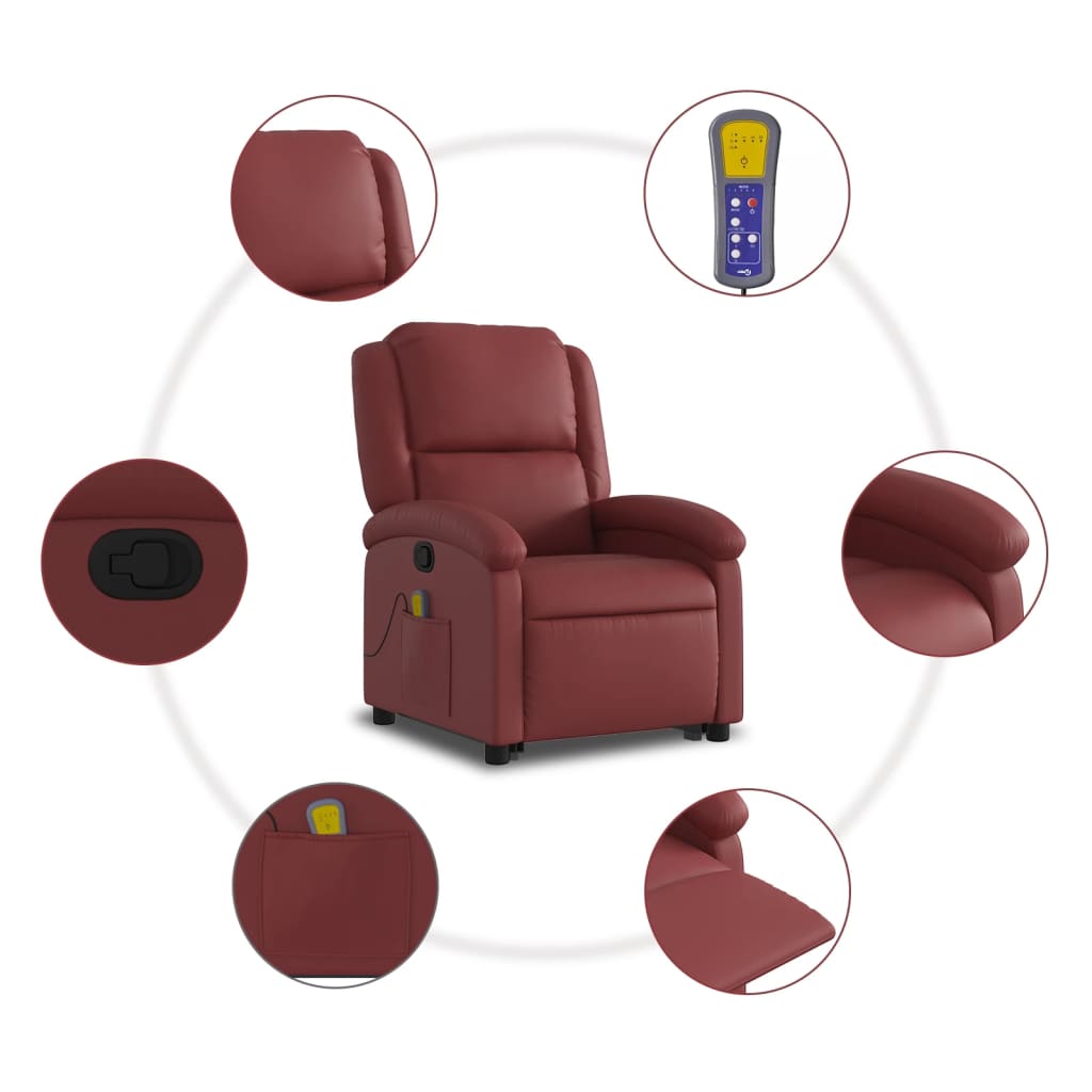 Poltrona Alzapersone Massaggi Reclinabile Rosso Vino Similpelle - homemem39