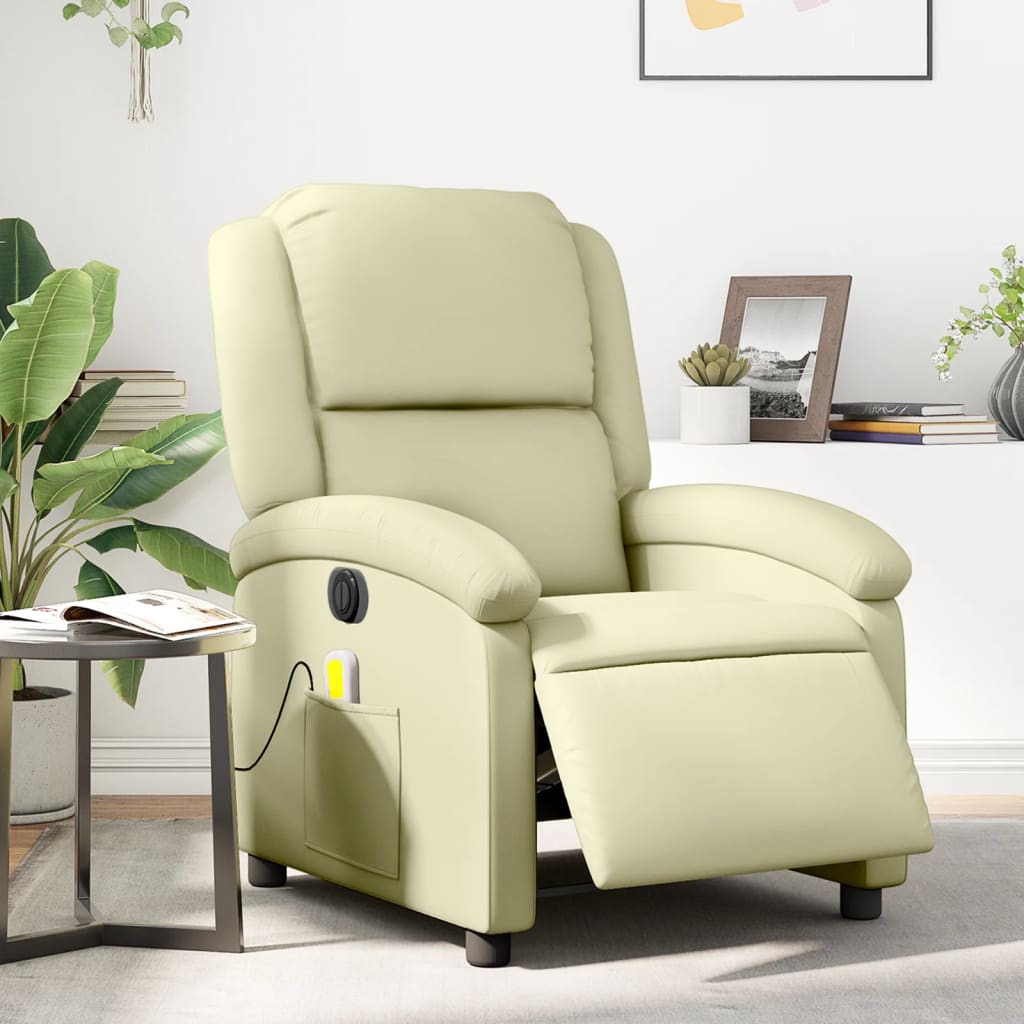 Poltrona Massaggiante Elettrica Reclinabile Crema in Vera Pelle | homemem39