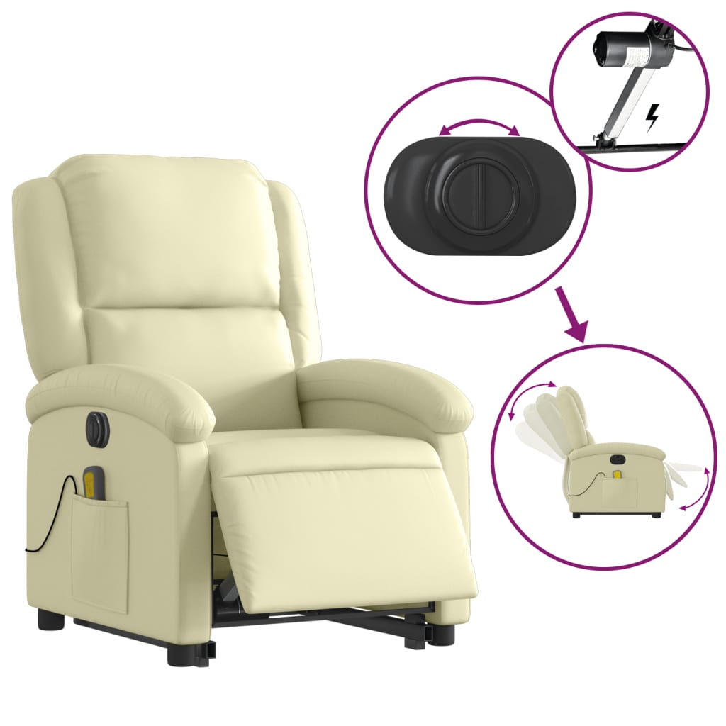 Poltrona Alzapersona Massaggi Reclinabile Elettrica Crema Pelle | homemem39