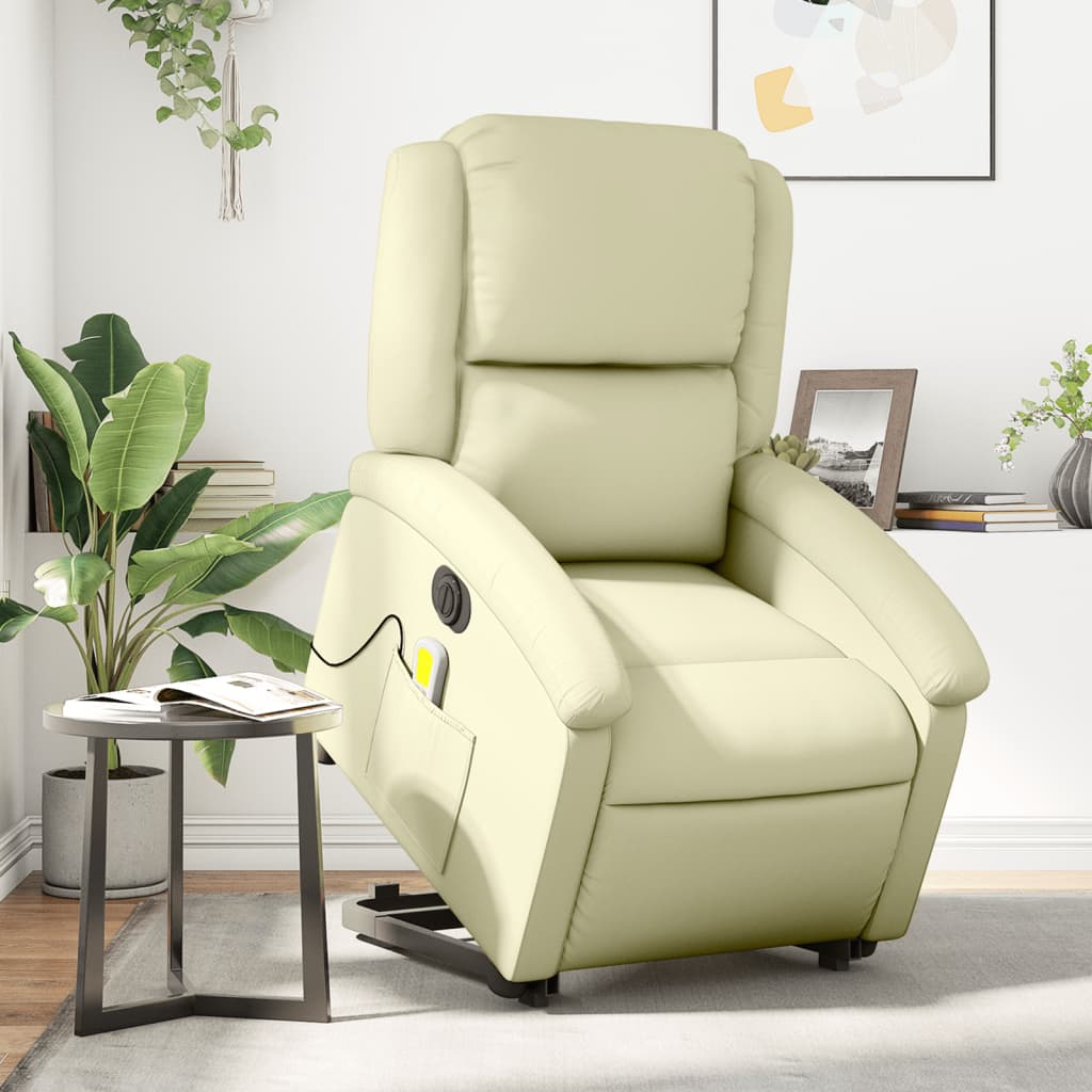 Poltrona Alzapersona Massaggi Reclinabile Elettrica Crema Pelle | homemem39