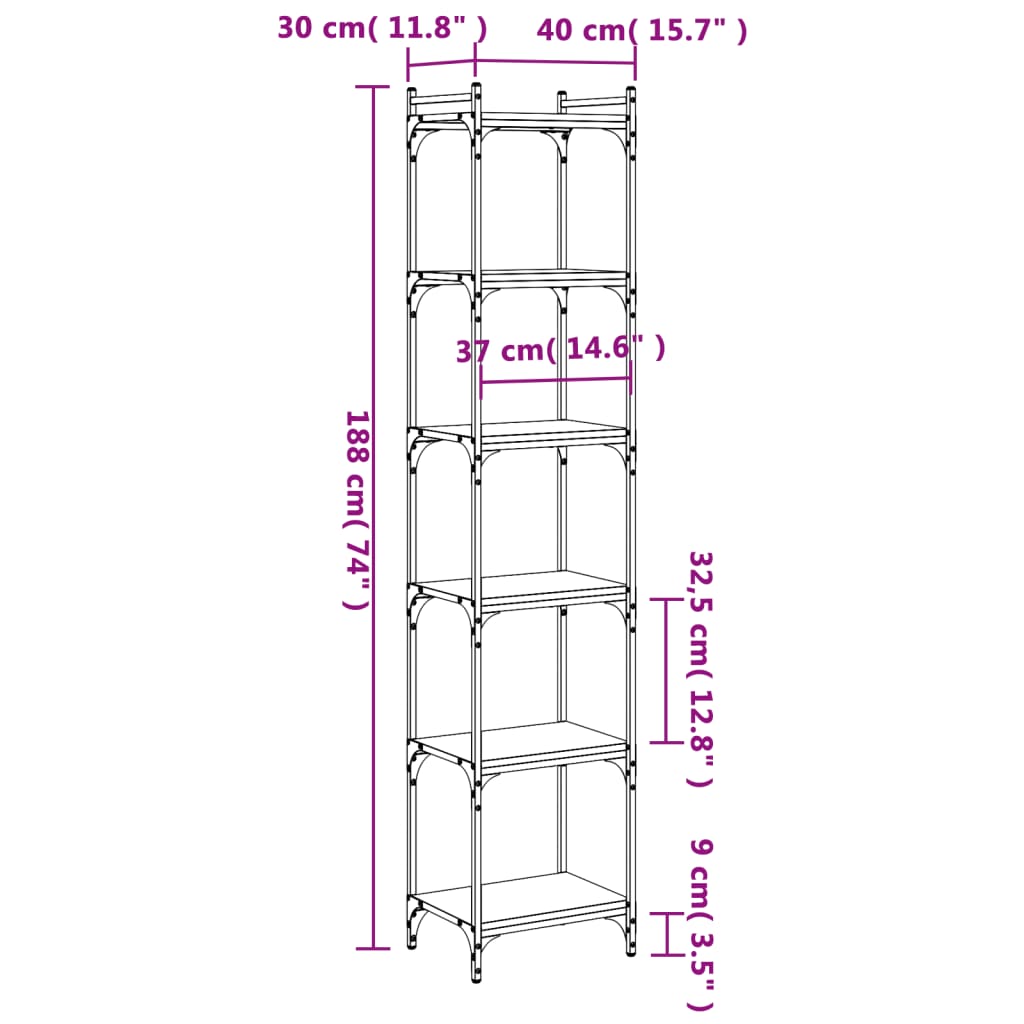 Libreria a 6 Ripiani Nera 40x30x188 cm in Legno Multistrato | homemem39