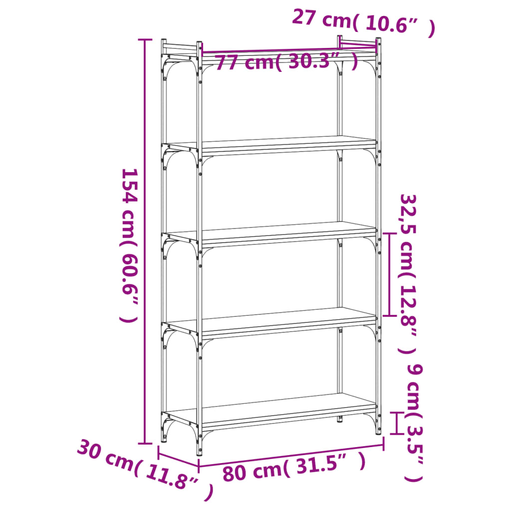 Libreria a 5 Ripiani Rovere Fumo 80x30x154 cm Legno Multistrato | homemem39