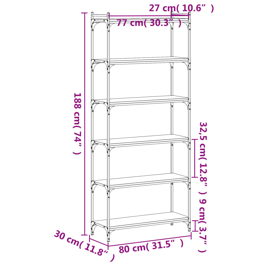 Libreria a 6 Ripiani Nera 80x30x188 cm in Legno Multistrato | homemem39
