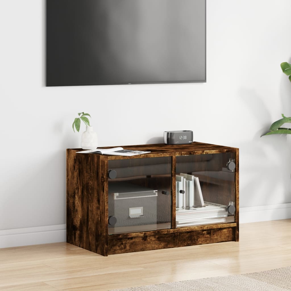 Mobile Porta TV con Ante in Vetro Rovere Fumo 68x37x42 cm - homemem39