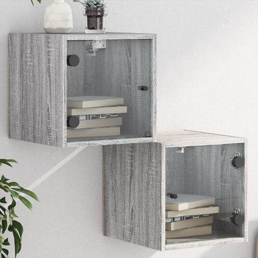 Comodini con Ante in Vetro 2pz Grigio Sonoma 35x37x35 cm - homemem39