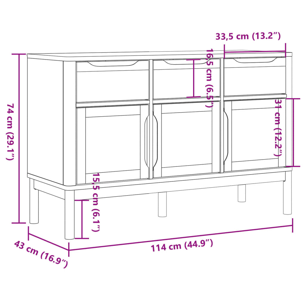 Credenza FLORO Grigia 114x43x74 cm in Legno Massello di Pino - homemem39