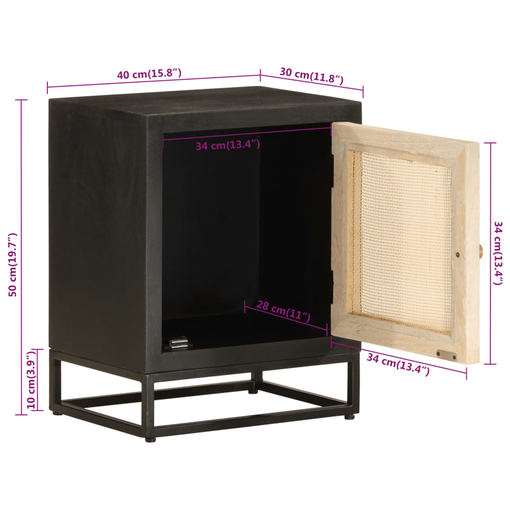 Comodino Nero 40x30x50 cm in Legno Massello di Mango e Ferro | homemem39