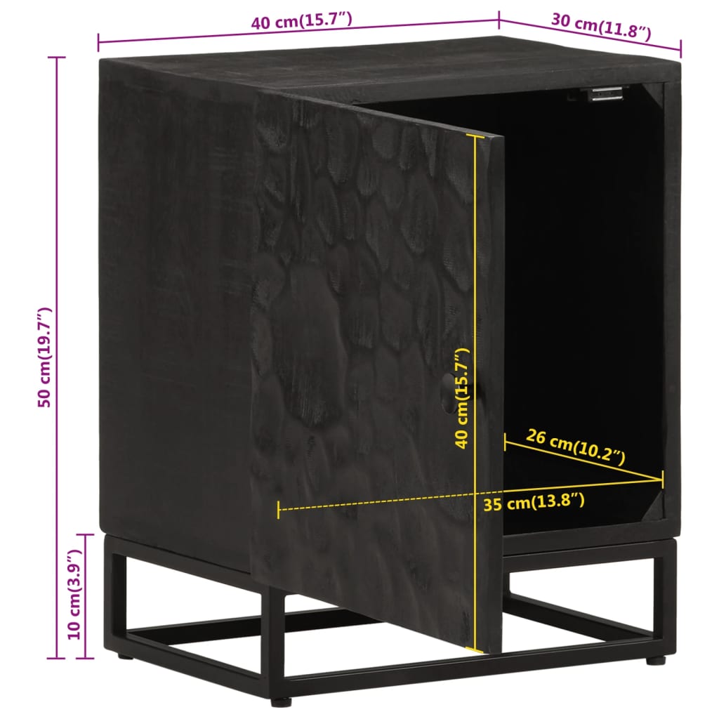 Comodino Nero 40x30x50 cm in Legno Massello di Mango e Ferro | homemem39