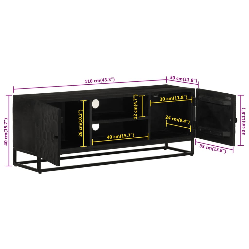 Mobile TV Nero 110x30x40 cm in Legno Massello di Mango e Ferro | homemem39