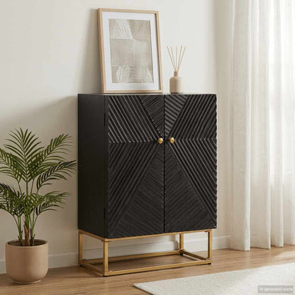 Credenza Nera 55x30x76 cm in Legno Massello di Mango e Ferro | homemem39