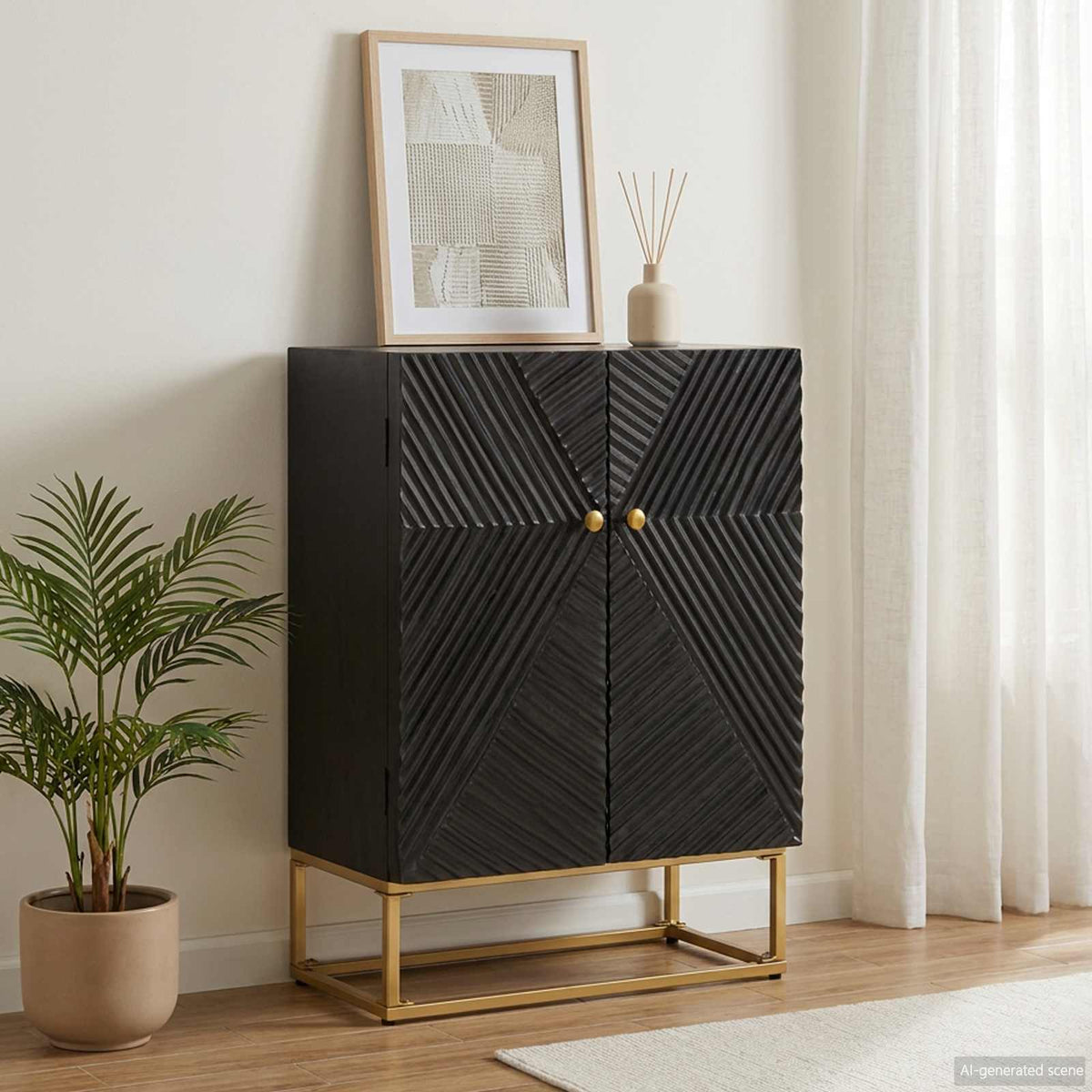 Credenza Nera 55x30x76 cm in Legno Massello di Mango e Ferro | homemem39
