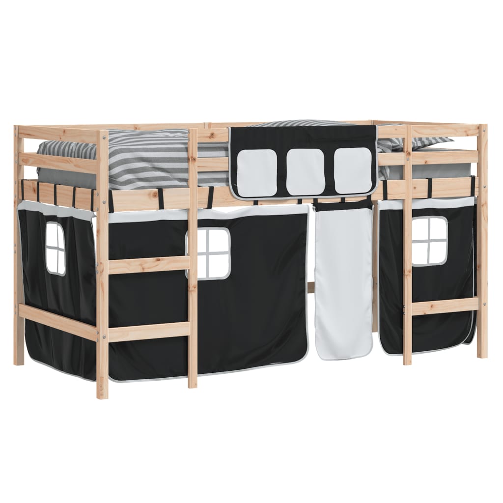 Letto a Soppalco con Tende Bambini Bianco e Nero 80x200 cm Pino