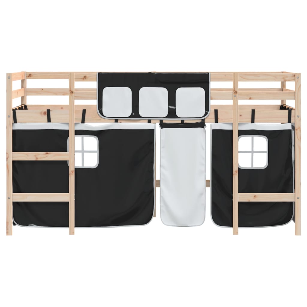 Letto a Soppalco con Tende Bambini Bianco e Nero 80x200 cm Pino - homemem39