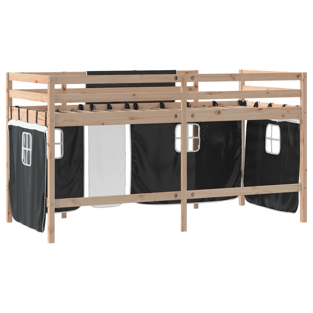 Letto a Soppalco con Tende Bambini Bianco e Nero 80x200 cm Pino - homemem39