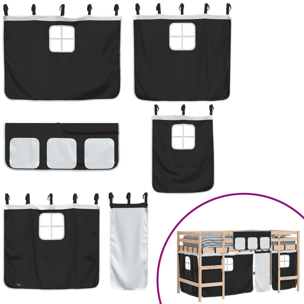 Letto a Soppalco con Tende Bambini Bianco e Nero 80x200 cm Pino - homemem39