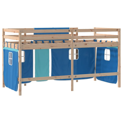 Letto a Soppalco con Tende Bambini Blu 80x200 cm Massello Pino