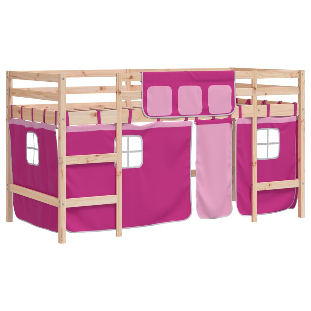 Letto a Soppalco con Tende Bambini Rosa 80x200 cm Massello Pino - homemem39