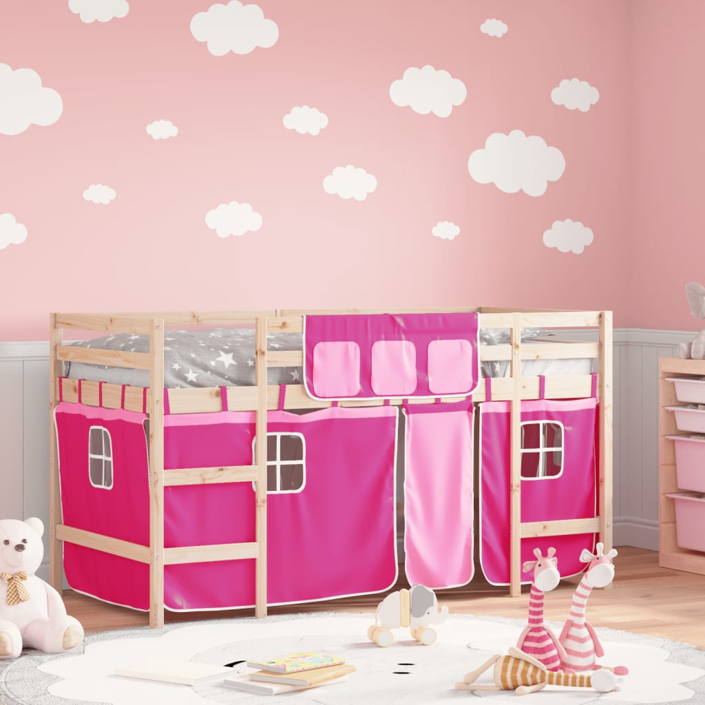 Letto a Soppalco con Tende Bambini Rosa 80x200 cm Massello Pino - homemem39