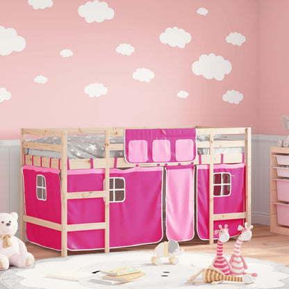 Letto a Soppalco con Tende Bambini Rosa 80x200 cm Massello Pino - homemem39