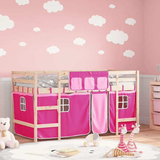 Letto a Soppalco con Tende Bambini Rosa 80x200 cm Massello Pino - homemem39