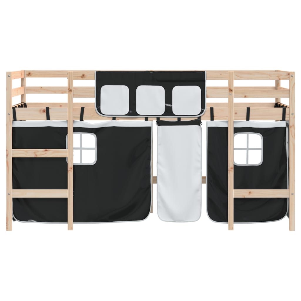 Letto a Soppalco con Tende Bambini Bianco e Nero 90x200 cm Pino - homemem39