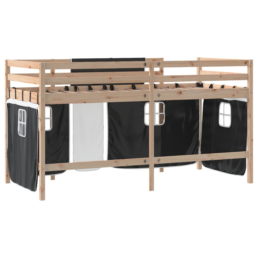 Letto a Soppalco con Tende Bambini Bianco e Nero 90x200 cm Pino - homemem39