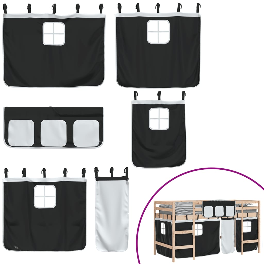 Letto a Soppalco con Tende Bambini Bianco e Nero 90x200 cm Pino - homemem39