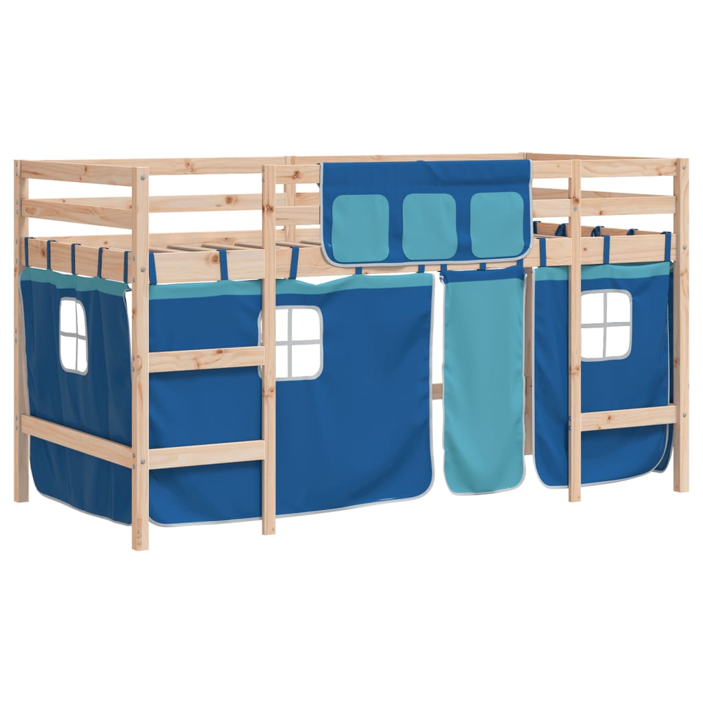 Letto a Soppalco con Tende Bambini Blu 90x200 cm Massello Pino - homemem39