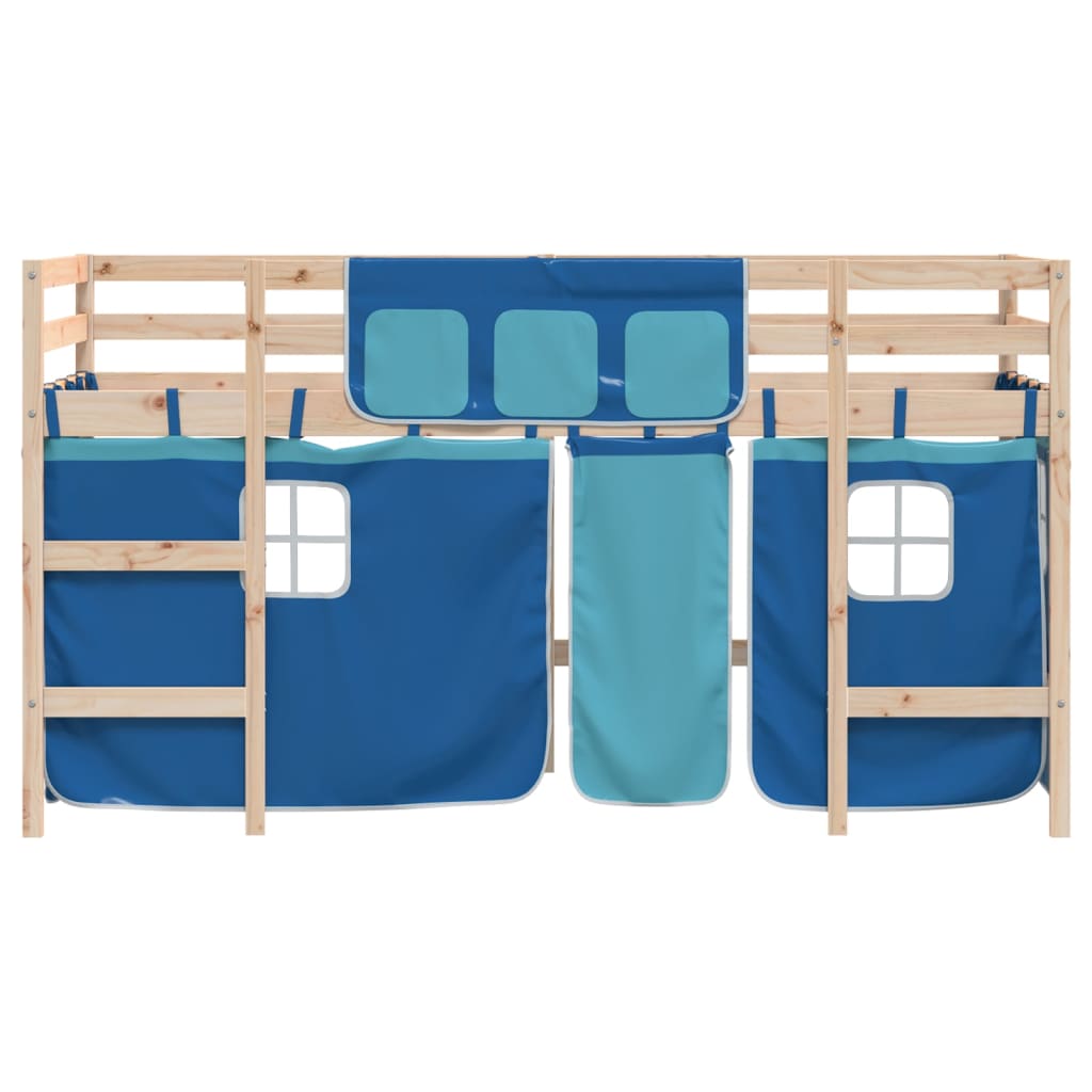 Letto a Soppalco con Tende Bambini Blu 90x200 cm Massello Pino - homemem39
