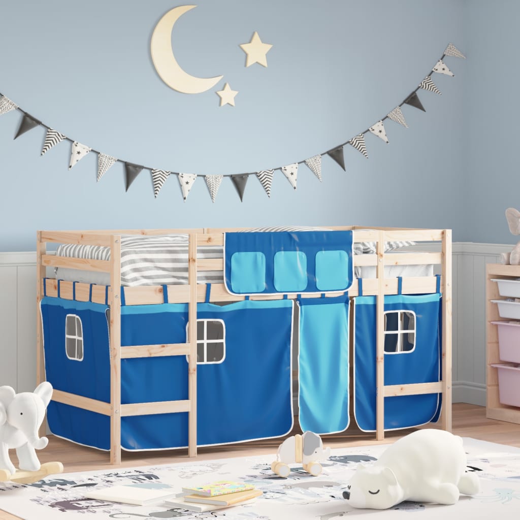 Letto a Soppalco con Tende Bambini Blu 90x200 cm Massello Pino - homemem39