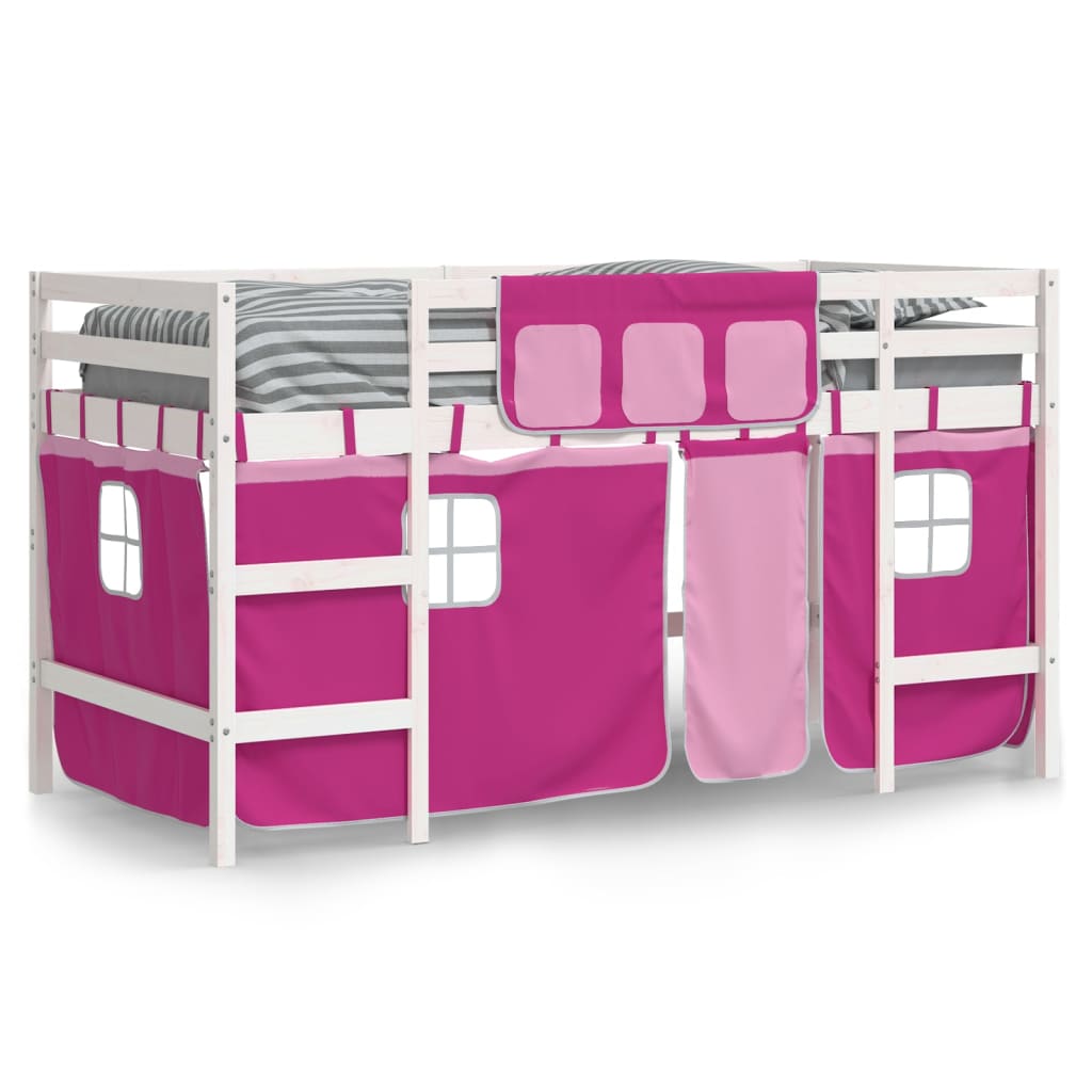 Letto a Soppalco con Tende Bambini Rosa 90x200 cm Massello Pino