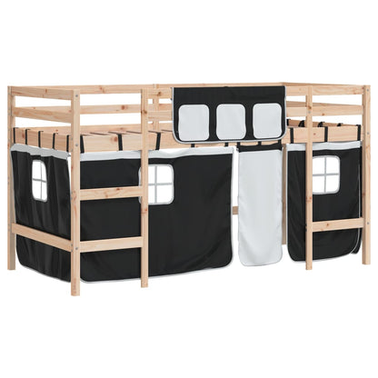 Letto a Soppalco Bambini con Tende Bianco e Nero 90x190 cm Pino - homemem39