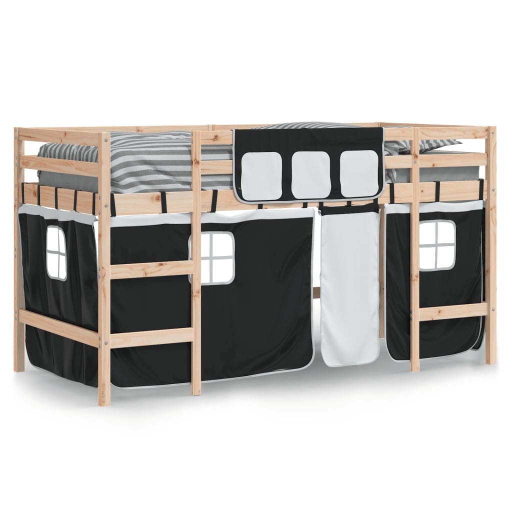 Letto a Soppalco Bambini con Tende Bianco e Nero 90x190 cm Pino - homemem39