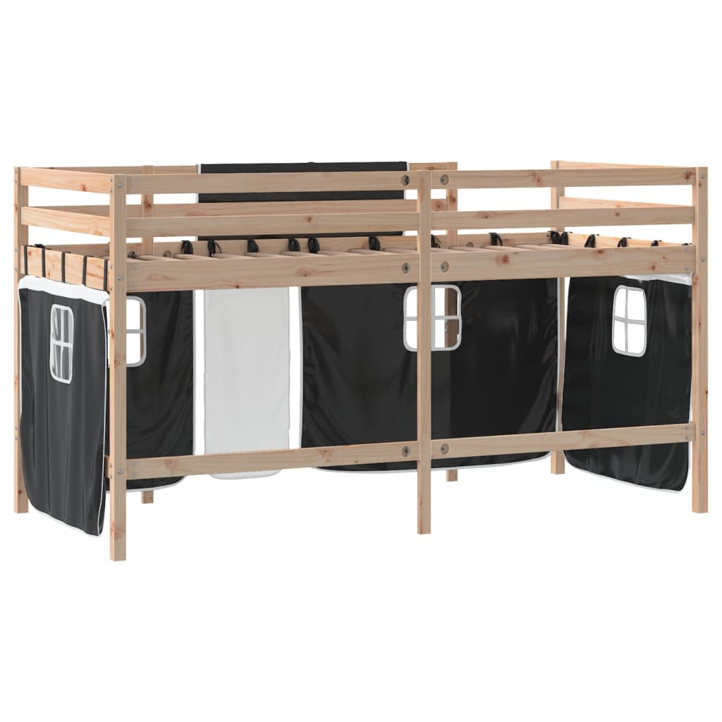 Letto a Soppalco Bambini con Tende Bianco e Nero 90x190 cm Pino - homemem39
