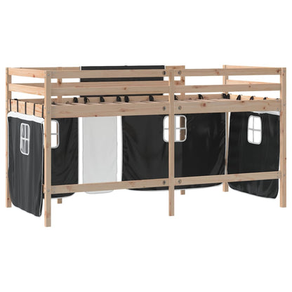 Letto a Soppalco Bambini con Tende Bianco e Nero 90x190 cm Pino - homemem39