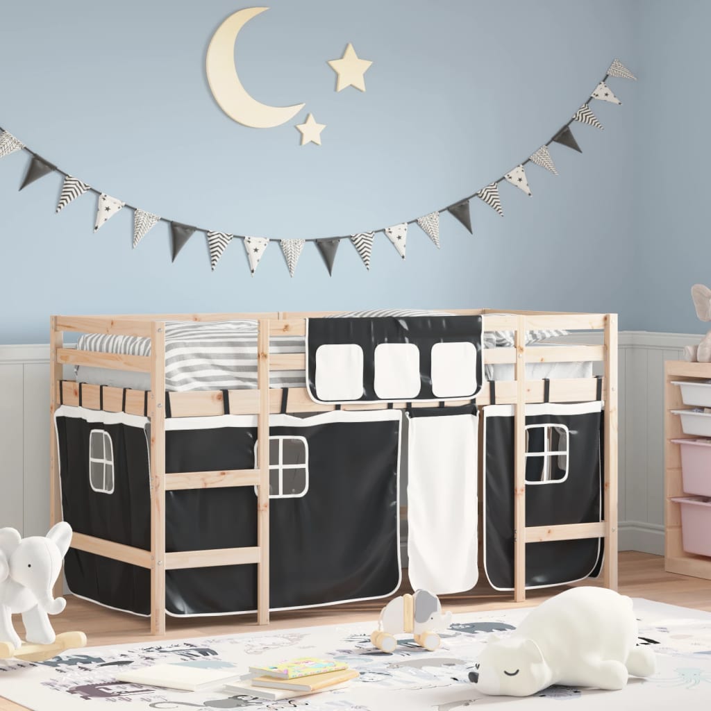 Letto a Soppalco Bambini con Tende Bianco e Nero 90x190 cm Pino - homemem39