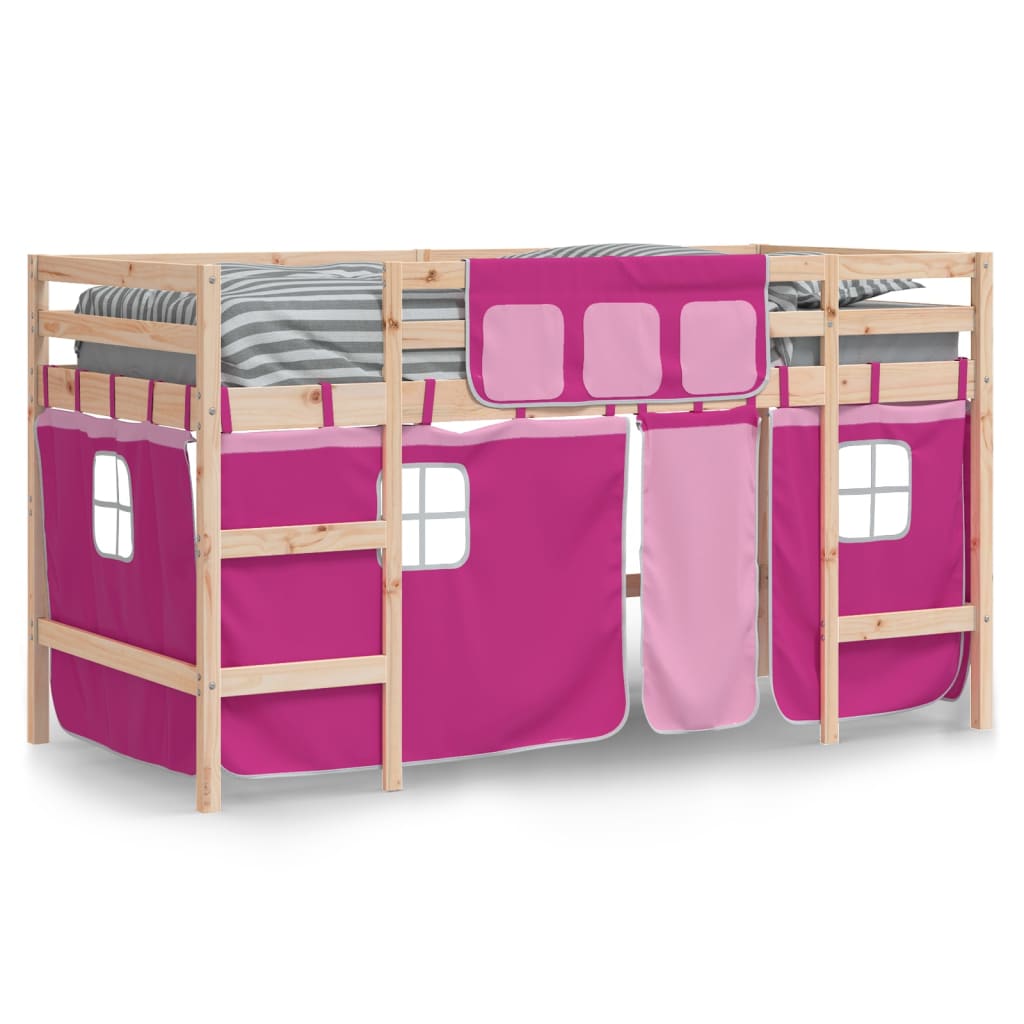 Letto a Soppalco con Tende Bambini Rosa 90x190 cm Massello Pino - homemem39
