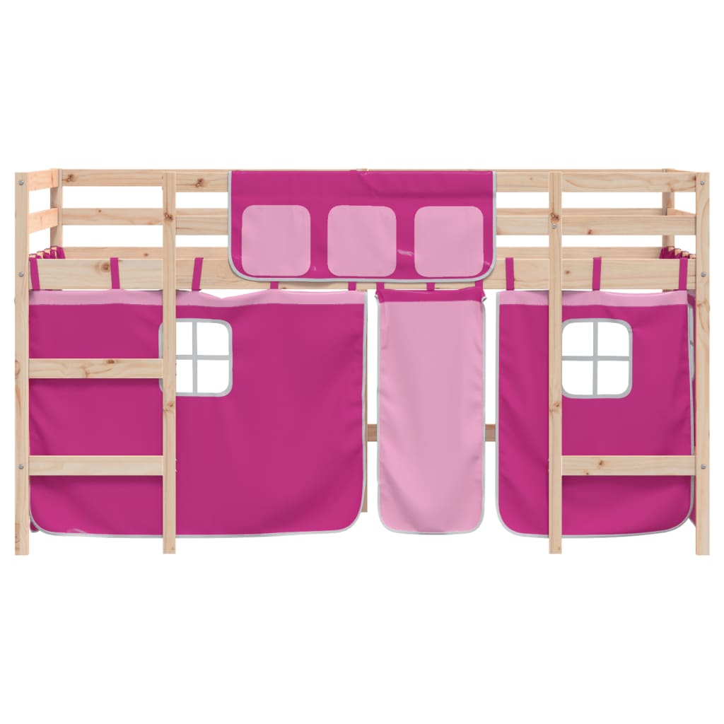 Letto a Soppalco con Tende Bambini Rosa 90x190 cm Massello Pino - homemem39