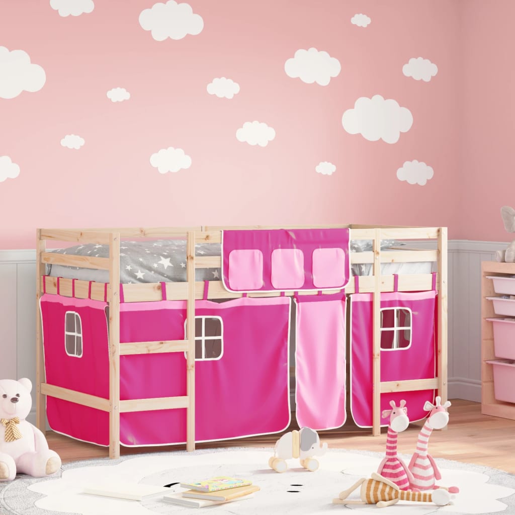Letto a Soppalco con Tende Bambini Rosa 90x190 cm Massello Pino - homemem39
