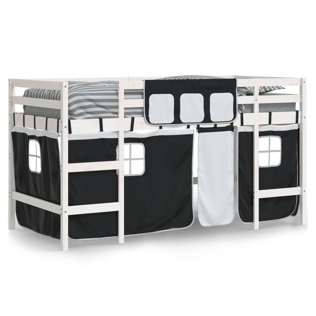 Letto a Soppalco Bambini con Tende Bianco e Nero 90x190 cm Pino - homemem39